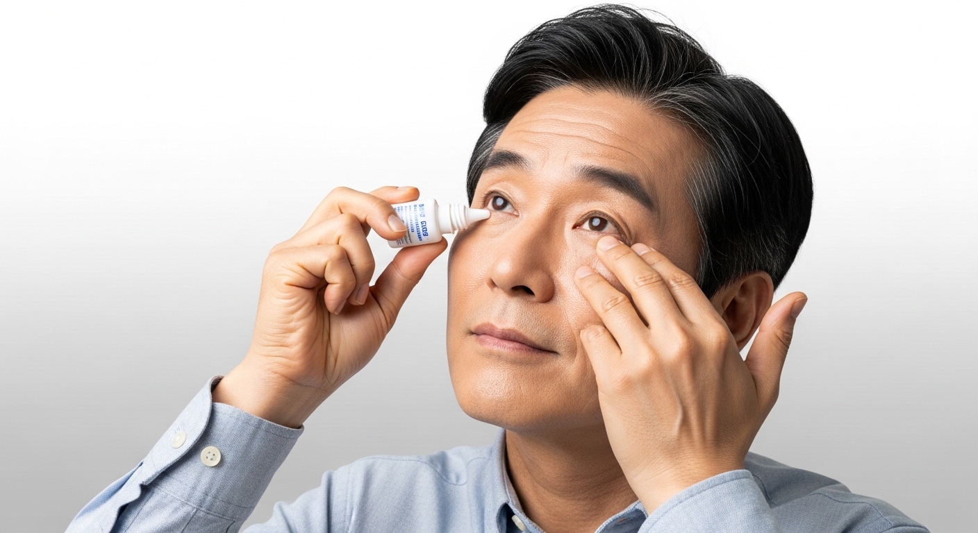 자외선 차단을 위한 선글라스 착용 및 인공눈물 점안 모습